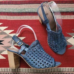 Sundance Blue Woven‎ Leather Open Toe Heeled Sandal Sz 9 Sling Back Adjustable
